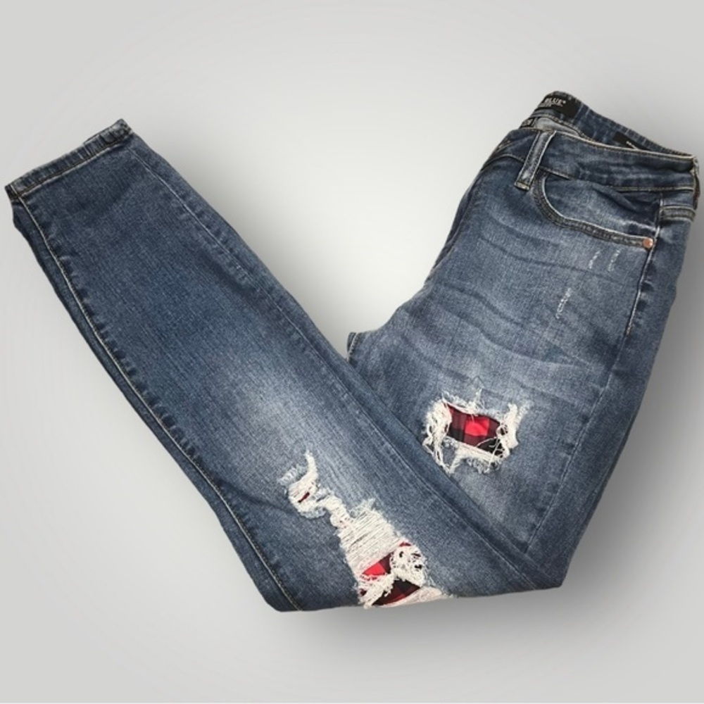 Judy Blue Buffalo Plaid Patch Distressed Skinny Fit Jeans Women’s Size 7/28